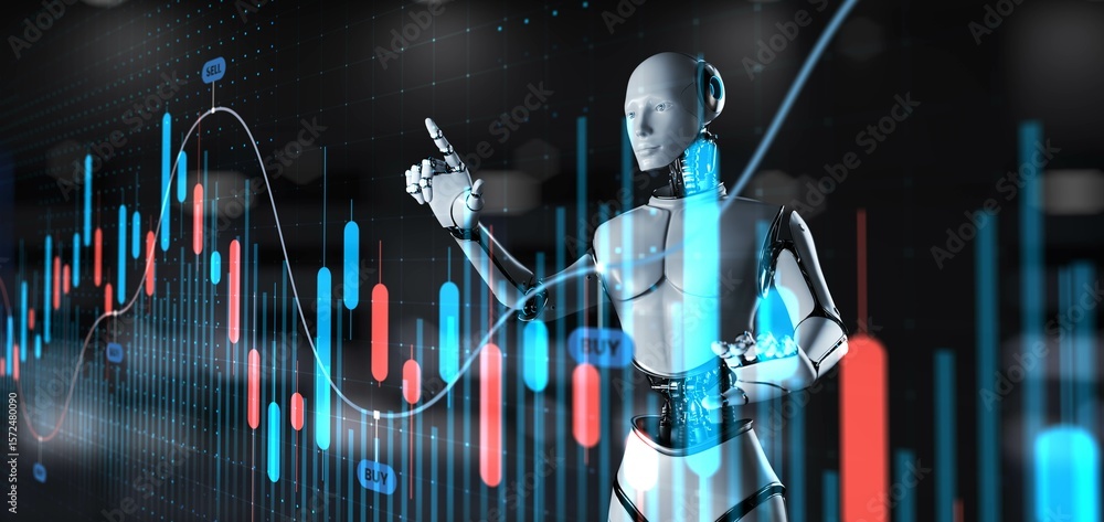 Aufkleber advanced ai in financial trading and market analysis with robotic assistance. 3d render.