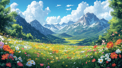 Game background of green field with flowers, clouds and sun against the backdrop of mountains in flat cartoon pixel style
