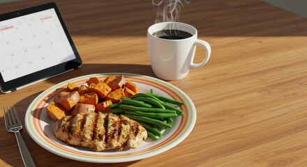 Healthy Lunch on Wooden Table with Grilled Chicken, Sweet Potatoes, Green Beans, Coffee, and Calendar in Background