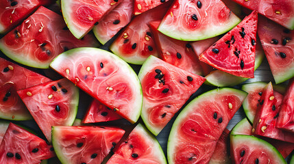 Slices of watermelon on a wooden background. Top view.