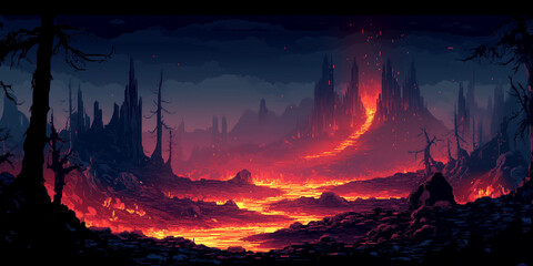 Video game interface background of hellish landscape with rivers of molten lava and jagged rocks in flat cartoon 8-bit retro style