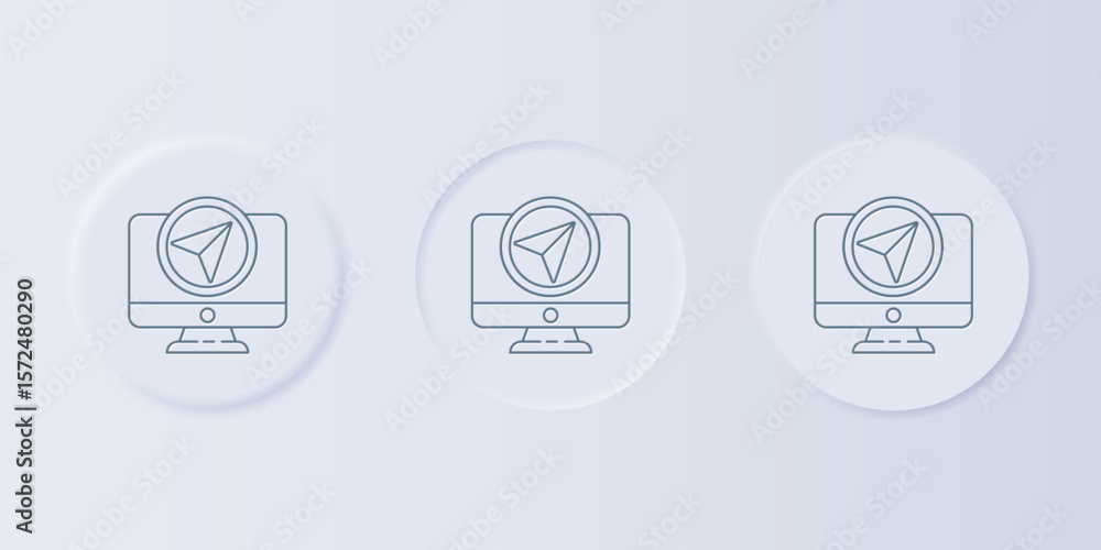 Poster Grey Computer monitor and folded map with location marker icon isolated on grey background. Set icons in square buttons. Vector