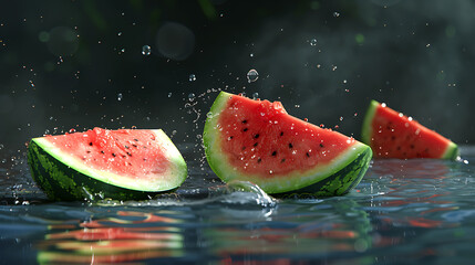 pieces of Watermelon with splashes and drops of water on a dark background on water