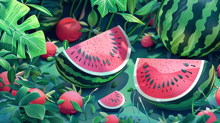 Watermelon and cherry in the garden. Realistic vector illustration.