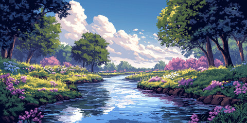 Video game interface background of summer landscape with river and pink flowers around forest in flat cartoon 8-bit retro style