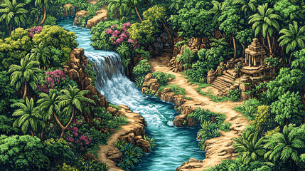 Video game interface background of tropical lands with dense jungles, winding rivers and towering palm trees in flat cartoon 8-bit retro style
