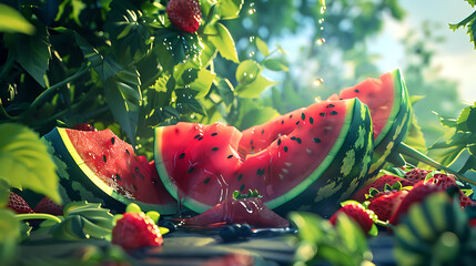 juicy piece of watermelon and strawberry on the table in the garden. 3d visualization