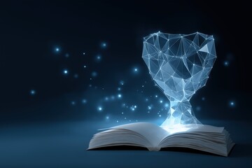 Futuristic night scene of digitized trophy emerging from open book