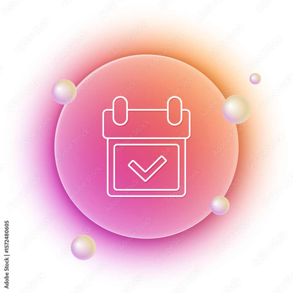 Poster white calendar with check mark icon isolated on white background. orange and pink gradient circle ba
