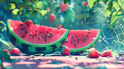 two pieces of juicy watermelon, in the summer garden