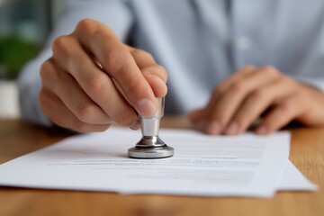 Male adult hand stamping document on desk