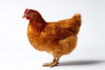 Fototapeta premium Golden feathered hen standing against white background