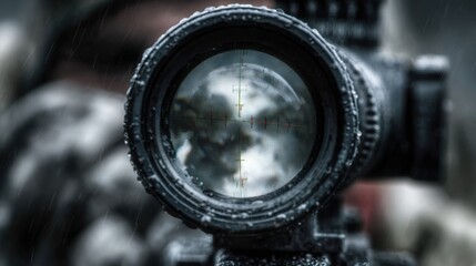 Fototapeta premium Closeup of a rifle scope peering through the lens revealing a blurred target in the distance. The image conveys the incredible concentration and patience of a sniper honing in on their