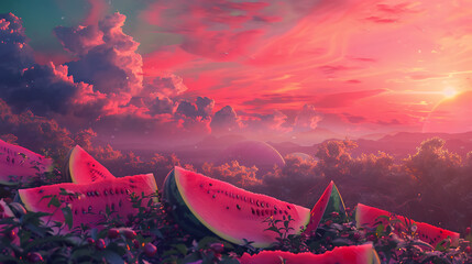 Fantasy landscape with watermelons on the field at sunset. 3d rendering