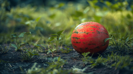 ripe red watermelon on the ground with green grass background.