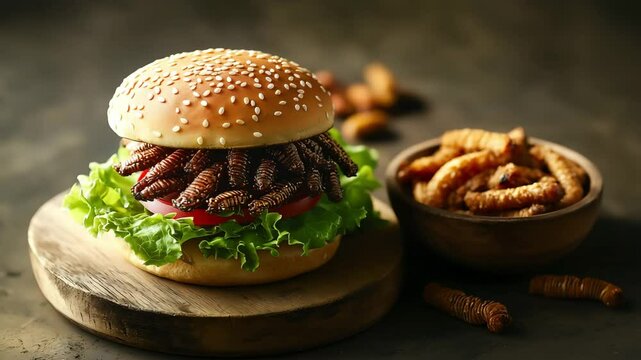 Hamburger with crispy fried silkworm pupae and fresh lettuce on wooden plate next to a bowl filled with fried silkworm pupae. Protein source edible insects as a sustainable and nutritious food option	
