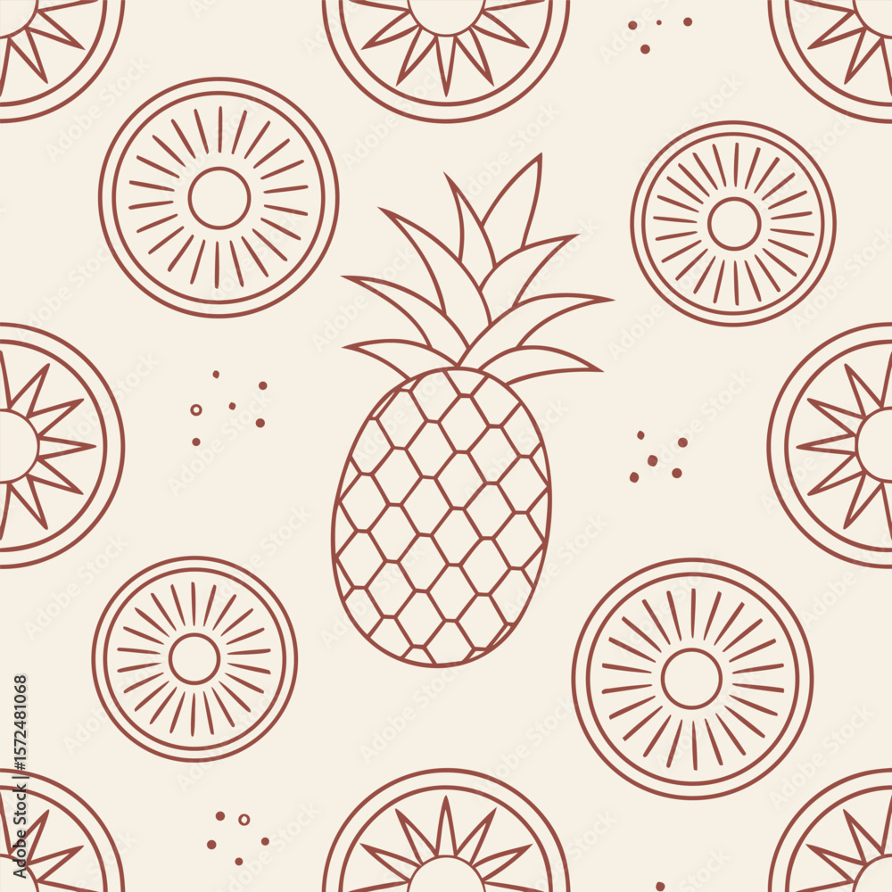 Poster seamless pattern design featuring pineapples and sliced oranges in a minimalist line art style