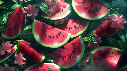 Fresh watermelon slices and flowers on a green background. 3d rendering