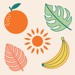 Summertime Tropical Fruits and Leaves with a Bright Sun Illustration