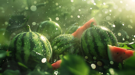 Watermelons with water drops in the rain on a green background. Selective focus.