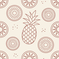 Seamless Pattern Design Featuring Pineapples and Sliced Oranges in a Minimalist Line Art Style