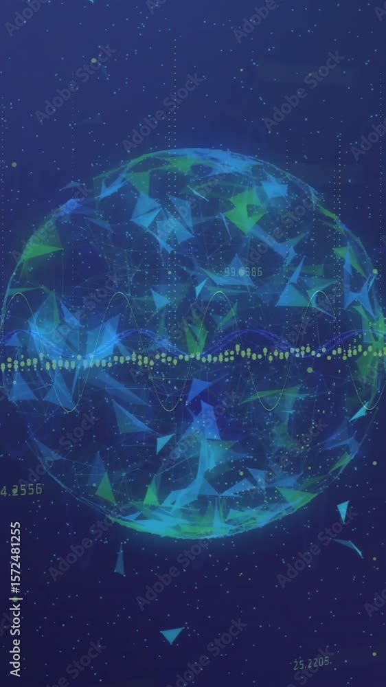 Poster animation of network of connections and globe over data processing on black background