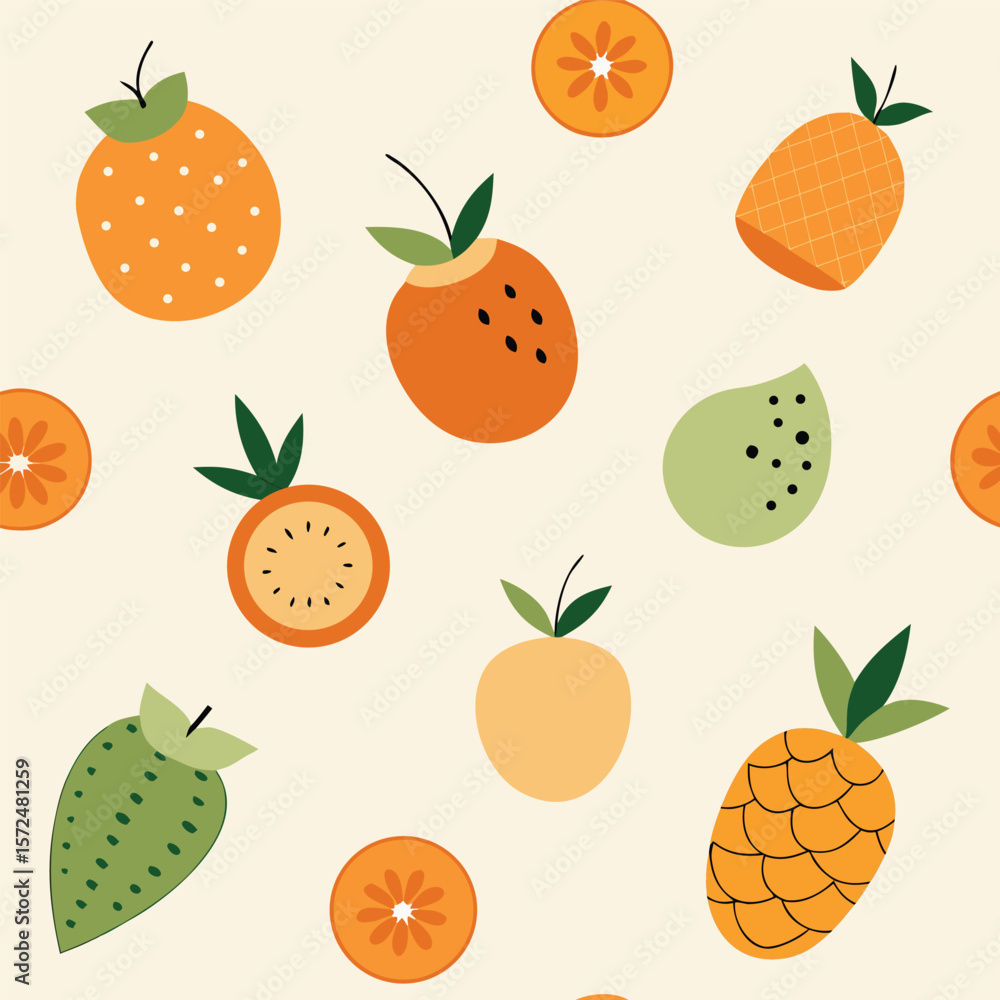 Poster seamless pattern of summer fruits oranges pineapples and kiwi slices for textile design