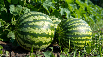 Watermelons growing in the garden. Ripe watermelons on the field.