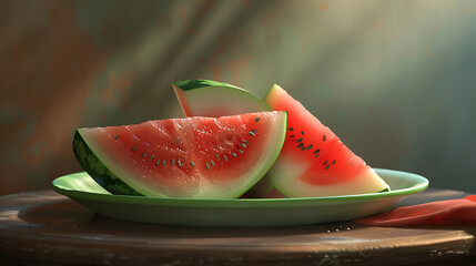 Slices of watermelon on a green plate on a dark background with sunlight