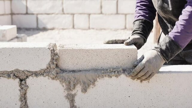 a worker erects a wall of aerated concrete blocks.