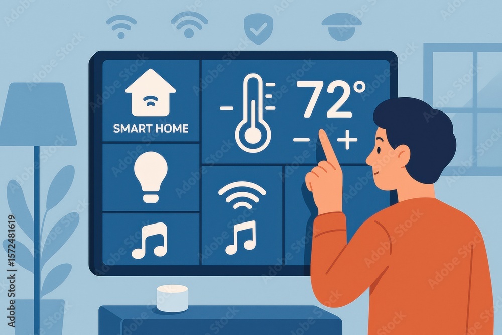 Poster controlling smart home features while monitoring indoor temperature and music selections in a modern