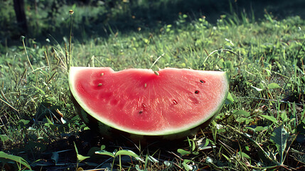 Sliced watermelon lying on the grass in the garden.