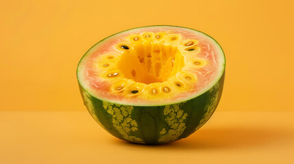 Half of a yellow watermelon on a yellow background, close up