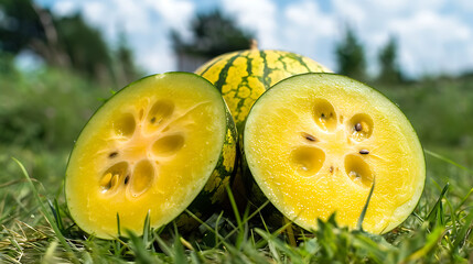Slices of yellow watermelon on the green grass in summer