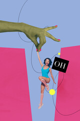 Sketch contemporary art photo collage of happy girl guy fly hand control marionette exploitation oh...