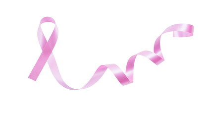 Symbol of breast cancer awareness with long curled pink ribbon isolated on white background