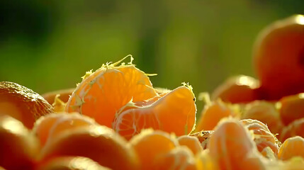 peeled slices of tangerine in the sun. Shallow depth of field.