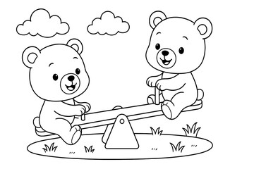 Two cute bears happily play on a seesaw under cloudy sky on grassy ground. Perfect cheerful coloring for kids