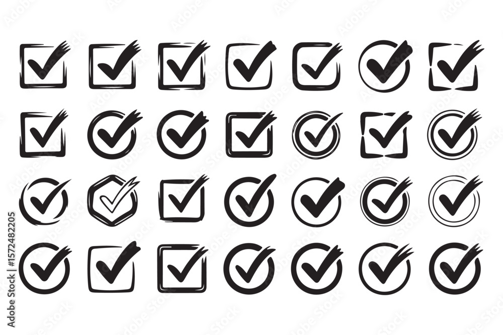 Fototapete collection of hand drawn black check marks in various shapes and styles tick correct