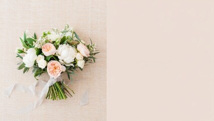 Elegant bridal bouquet featuring white peonies and blush pink roses with delicate greenery and a soft grey ribbon