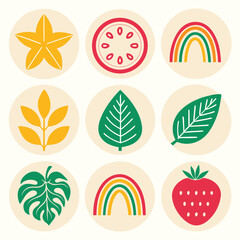 Nine Colorful Circular Icons Featuring Nature and Rainbow Motifs