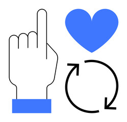 Hand pointing upward, heart symbol, circular arrow for interaction, renewal, care, connection, loyalty, choice. Ideal for user experience feedback sustainability healthcare love branding simple