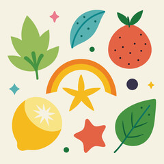 Vibrant Fruit and Leaf Illustration with Rainbow and Stars