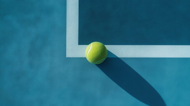 A minimalist vibrant yellow tennis ball resting on a pristine blue court, with a striking long shadow adding depth and contrast to this elegantly simple sports composition