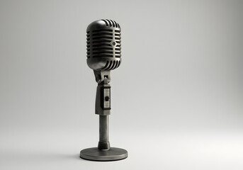 Fototapeta premium Vintage Metal Microphone on Stand Against White Background