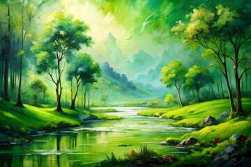 summer landscape with river and forest background