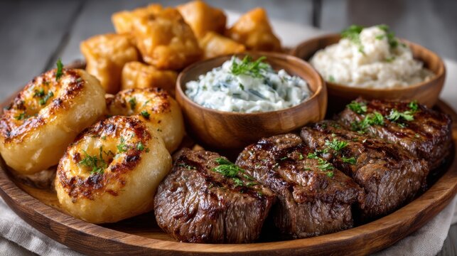 Delicious Grilled Steak Dinner with Fried Potatoes, Onion Rings, and Creamy Dip