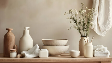 Harmonious spa setting with earthy tones and natural materials creating balance