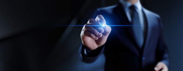 Businessman pressing button on virtual screen, Innovation and Digital Touch Interaction on...