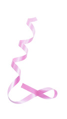 Long curled pink ribbon for breast cancer awareness concept isolated on white background